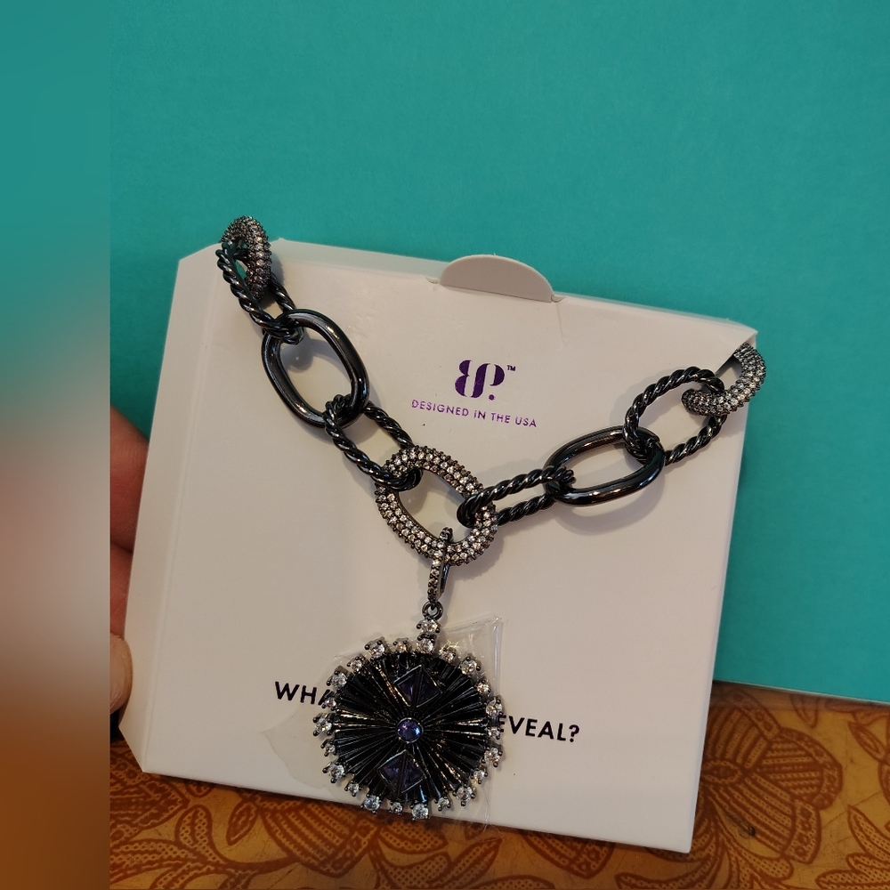 NEW-Gunmetal Black Sunburst Pendant Necklace-excellent Condition